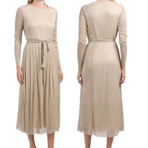 Anne Klein Tan Shimmer Long Sleeve Belted Midi Dress - Size 10
